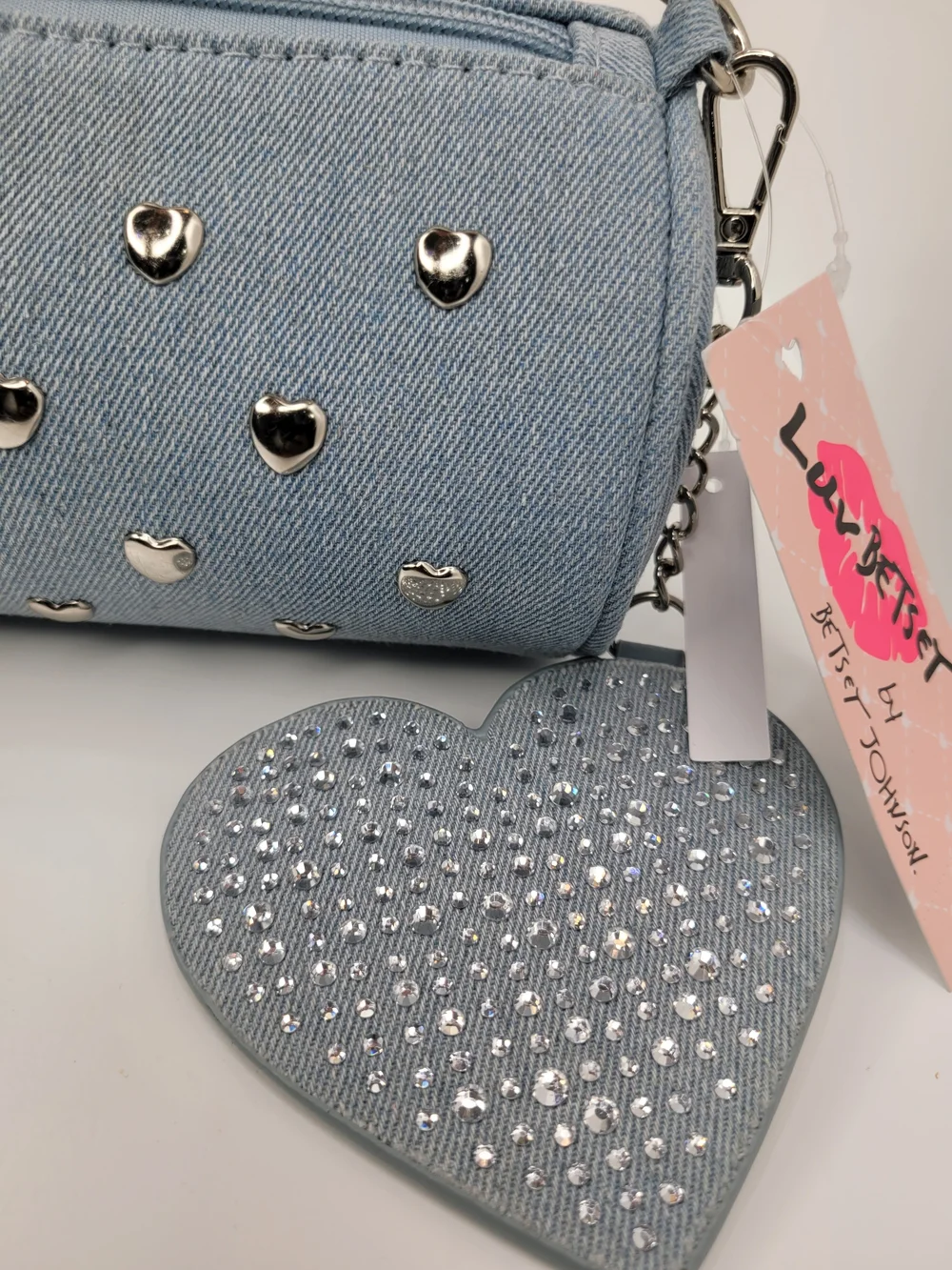 👉✨️ Betsey Johnson Light Blue Denim Studded Barrel Shoulder Bag